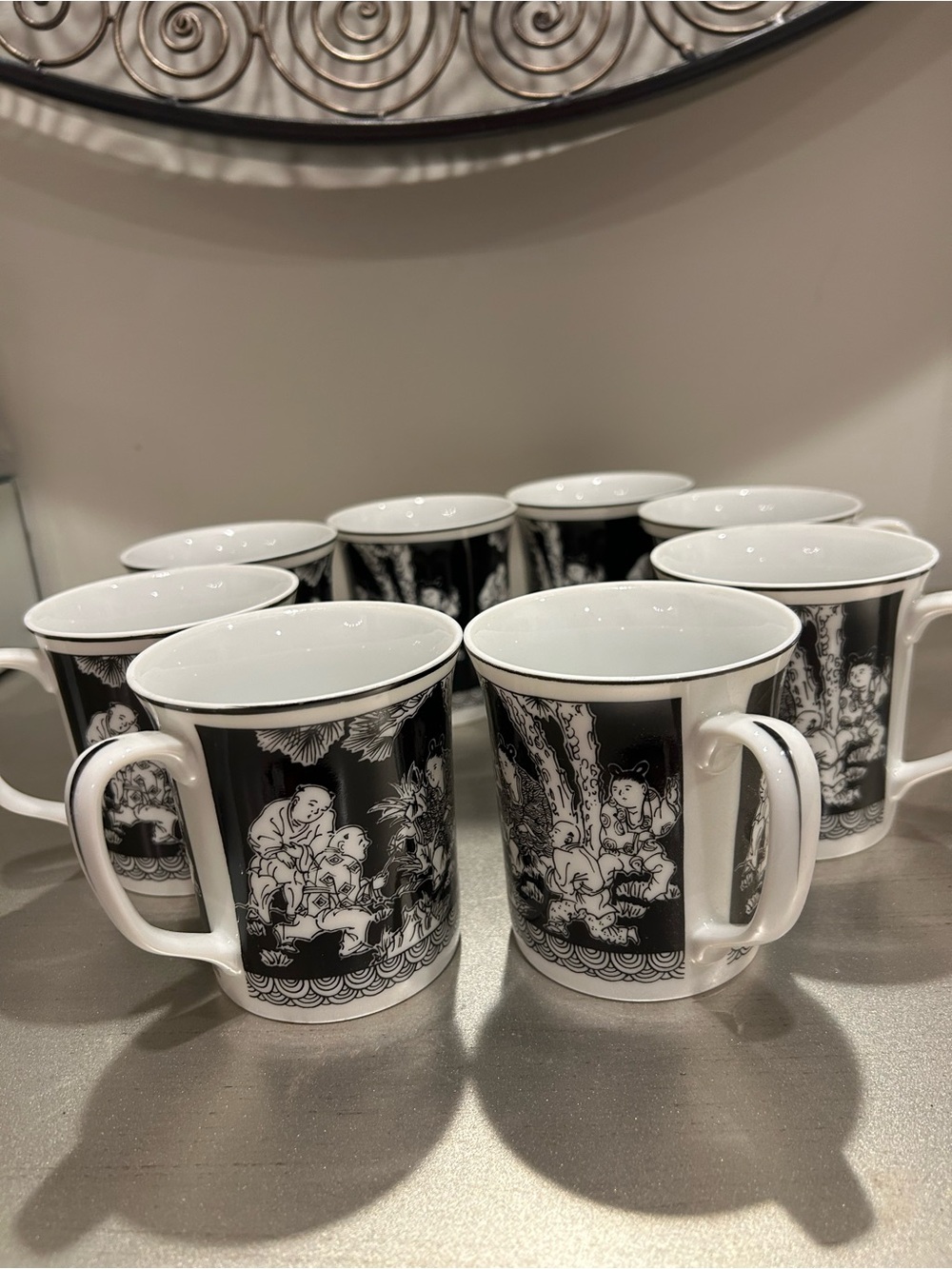 Set of 8 Porcelain Teacups with Black and White Scenic Design